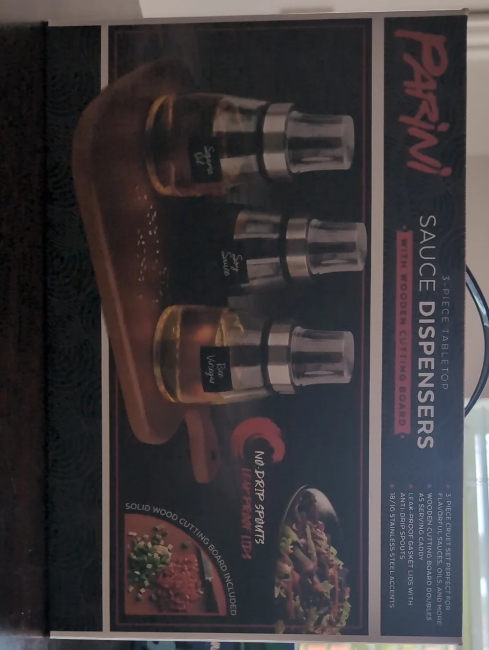 Paderno 3-Piece Sauce Dispensers with Wooden Cutting Board - Black & Silver